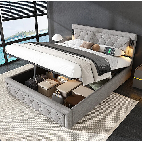 Lit Coffre 160x200 cm Modenvie LED USB - Lin Gris