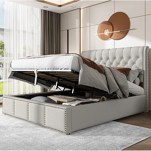 Lit Coffre 140x190 cm - Modenvie - rangement sans matelas - tissu gris