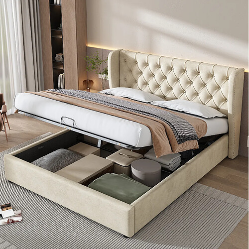 Lit Coffre 160x200 cm Modenvie rangement hydraulique velours beige