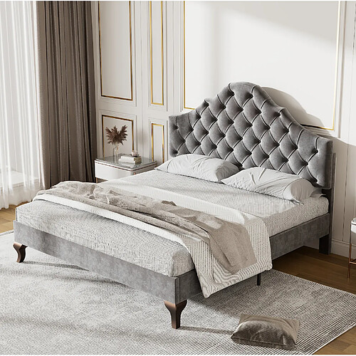 Lit Double Modenvie 140x200 cm - sommier a lattes - tete de lit capitonnee