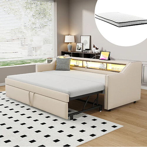 Canapé-lit gigogne 90/180x190 cm Modenvie avec rangement USB LED beige