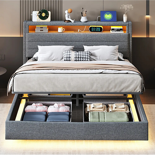 Lit Coffre 140x200 cm Modenvie avec LED et USB en lin gris