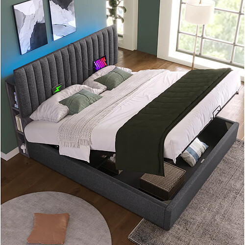 Lit Double 160x200 cm Modenvie - rangement LED USB Type C - Gris