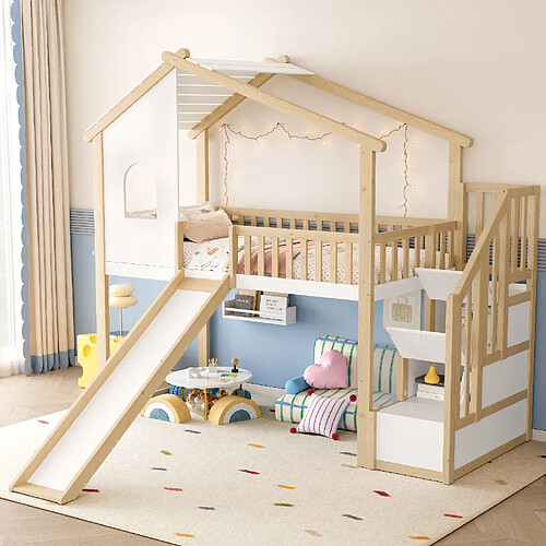 Lit Enfant Mezzanine Modenvie 90x200 cm avec rangement et toboggan blanc