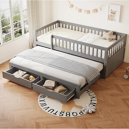 Lit Enfant Gigogne Modenvie 90x200 cm avec 2 tiroirs - Gris