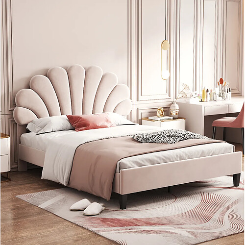 Lit Double Modenvie 140x200 cm - velours beige avec sommier