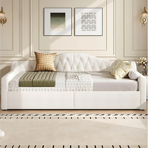 Lit Banquette 140x200 cm Modenvie avec rangement et LED - Beige