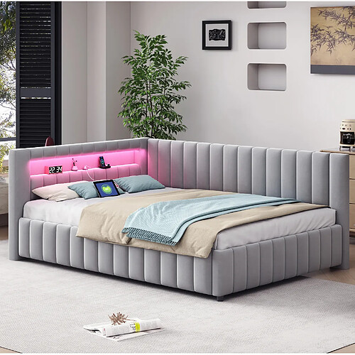 Canapé d'Angle Convertible 140x200 cm Modenvie LED USB Gris