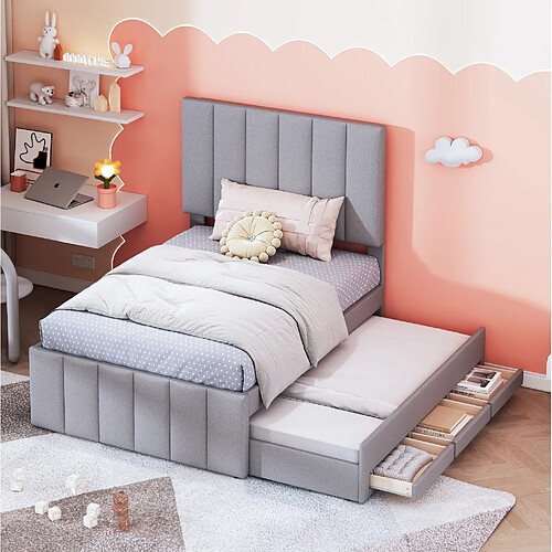Lit Enfant Modenvie 90x200 cm avec lit tiroir et rangement - Gris