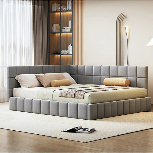 Lit Banquette 160x200 cm Modenvie sommier inclus en tissu gris