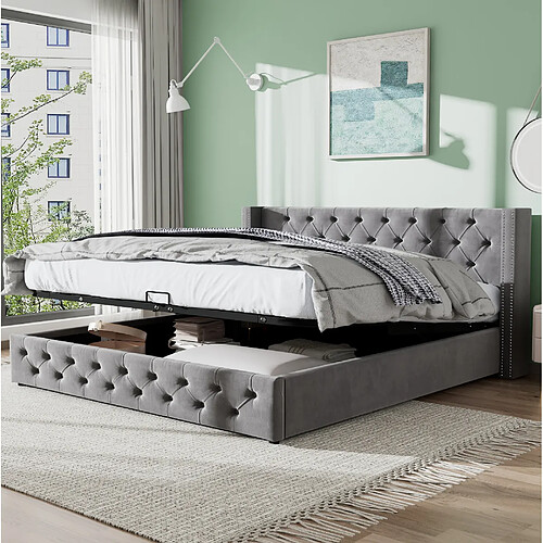 Lit Coffre Double 140x200 cm - Modenvie - rangement hydraulique, velours gris