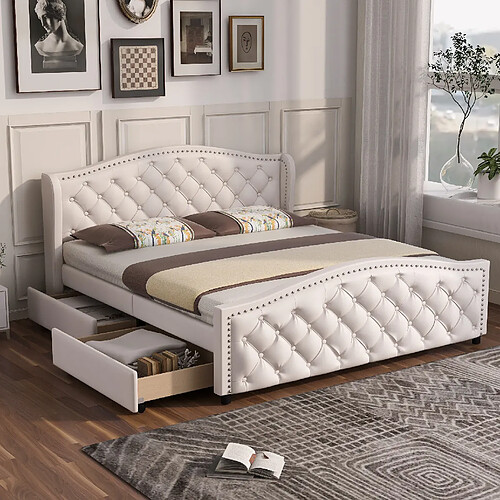 Lit Coffre Modenvie 160x200 cm blanc en PU avec rangement et sommier