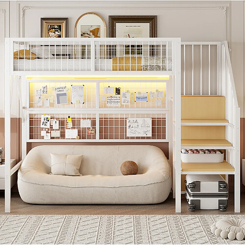 Lit Mezzanine 90x200 cm Modenvie avec rangement et LED Blanc