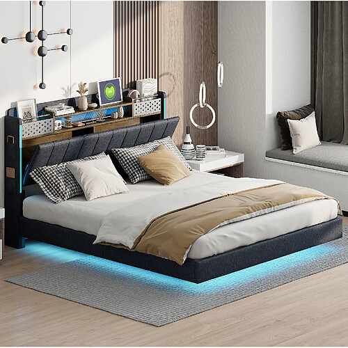 Lit Double 160x200 cm Modenvie USB LED rangement Gris