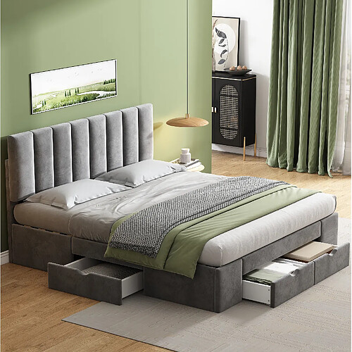 Lit Double Modenvie 160x200 cm - rangement 4 tiroirs - Velours - Gris