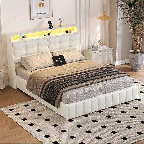 Lit Double Modenvie 160x200 cm avec rangement et LED blanc