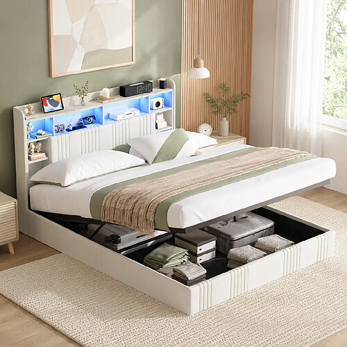 MEXUS Lit Coffre Adulte 140x200 cm, avec LED et USB, Tete de Lit, Lin, sans Matelas, Beige