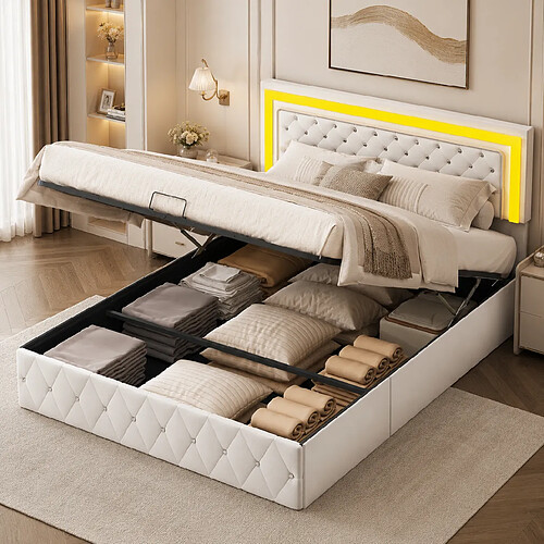 MEXUS Lit Coffre 140x200 cm Tête de Lits Réglable, Rangement Hydraulique, Velours, Beige