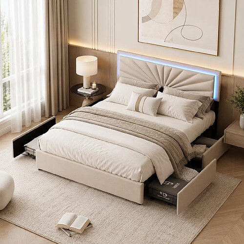MEXUS Lit Double 160x200 cm avec LED, 4 Tiroirs et Tête de lit réglable en Hauteur, Beige
