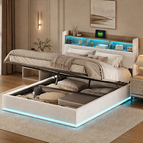 MEXUS Lit Coffre 160x200 cm, avec LED, Tête de Lit avec Rangement, Prises USB, Velours, Beige