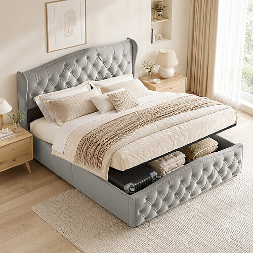 MEXUS Lit Coffre 140x190 cm avec hydraulique Rangement, Tête de lit, pour Adulte, Velours, Gris