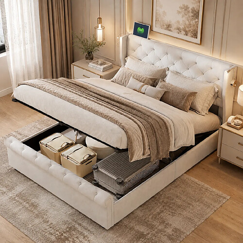 MEXUS Lit Coffre 140x190 cm avec LED et USB, sommier à Lattes,pour Adultes et Adolescents, Beige