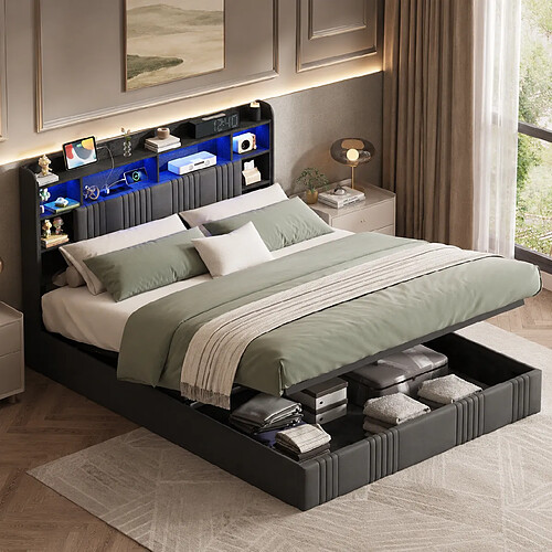 MEXUS Lit Coffre Adulte 160x200 cm, avec LED et USB, Tete de Lit, Lin, sans Matelas, Gris