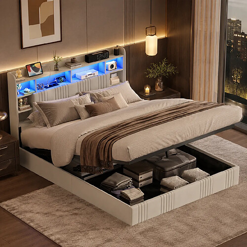 MEXUS Lit Coffre Adulte 160x200 cm, avec LED et USB, Tete de Lit, Lin, sans Matelas, Beige