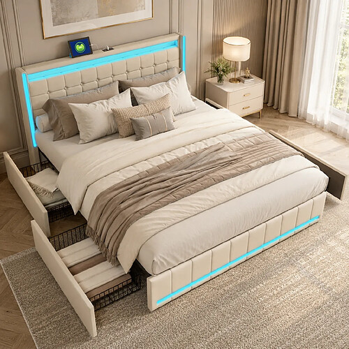 MEXUS Lit Double 160x200 cm, avec sommier à Lattes et 4 tiroirs, LED et USB, pour Ado, Lin, Beige