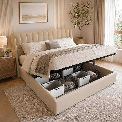 MEXUS Lit Coffre 160x200 cm, Stockage hydraulique et sommier à Lattes, pour Adulte, Beige, Lin