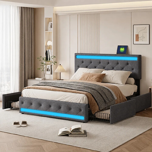 MEXUS Lit Double 180x200cm, avec 4 tiroirs, LED et Port USB, pour Adultes, Adolescents, Lin, Gris
