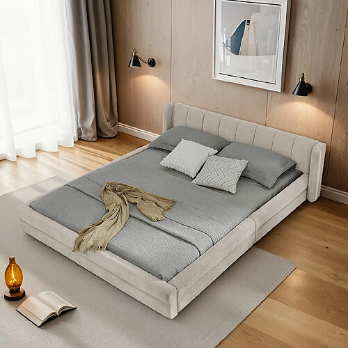 MIVRAY Lit adulte 160x200 cm lit double avec tête de lit, Tissu, Beige