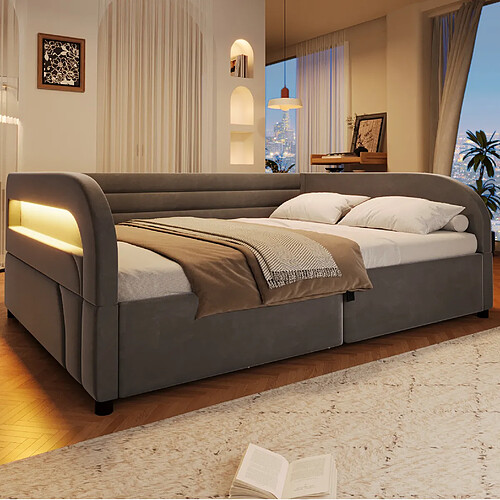 MIVRAY Lit coffre adulte 140x200 cm avec rangement hydraulique, LED, en tissu flanelle, gris