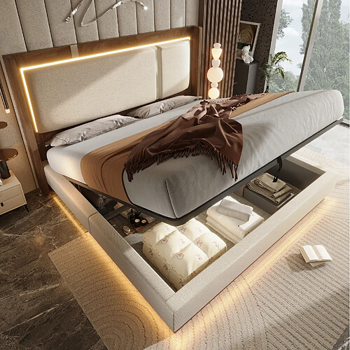 MIVRAY Lit coffre adulte 160x200 cm lit double avec LED et rangement, Lin, Beige
