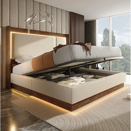 MIVRAY Lit coffre adulte 180x200 cm lit double avec LED et rangement, Lin, Beige