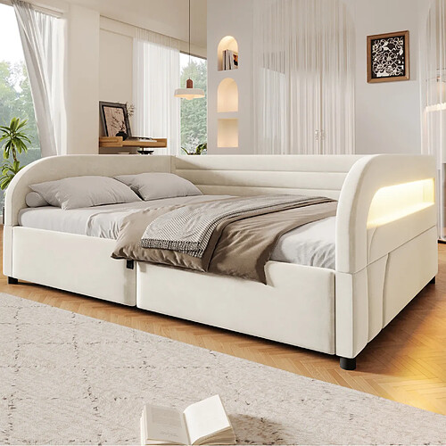 MIVRAY Lit coffre adulte 140x200 cm avec rangement hydraulique, LED, en tissu flanelle, beige