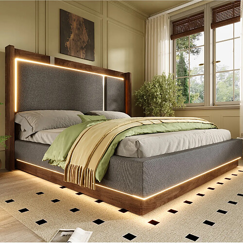 MIVRAY Lit coffre adulte 140x200 cm lit double avec LED et rangement, Lin, Gris
