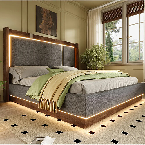 MIVRAY Lit coffre adulte 160x200 cm lit double avec LED et rangement, Lin, Gris
