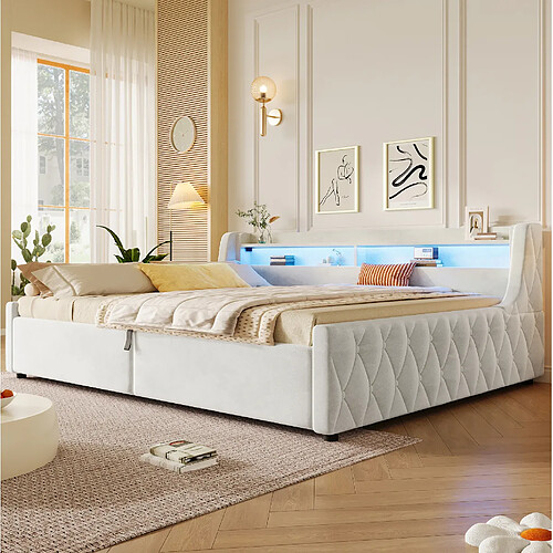MIVRAY Lit coffre adulte 140x200 cm avec rangement hydraulique, LED, en tissu flanelle, beige