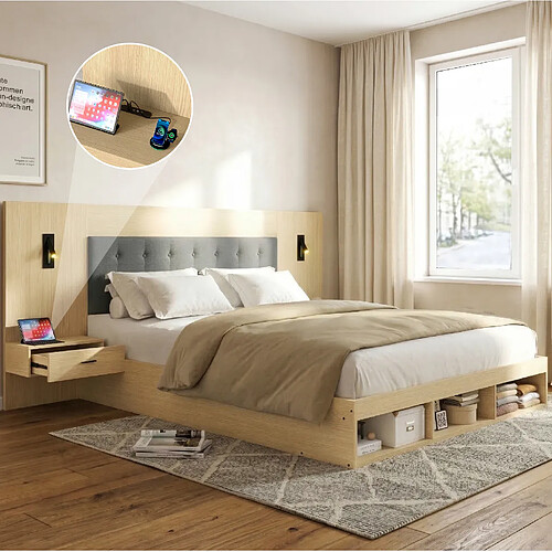 MIVRAY Lit adulte double 160x200 cm avec 2 tiroirs, lampes de lecture, USB, MDF, Chêne clair