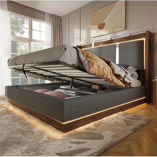 MIVRAY Lit coffre adulte 180x200 cm lit double avec LED et rangement, Lin, Gris