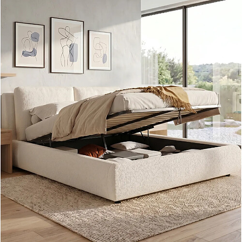 MIVRAY Lit coffre adulte 160x200 cm avec rangement. Tissu bouclé, Beige