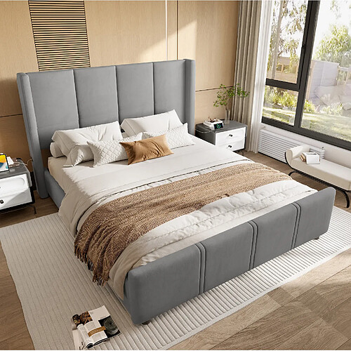 Lit Double 140x190 cm Modenvie tête de lit haute USB Gris foncé