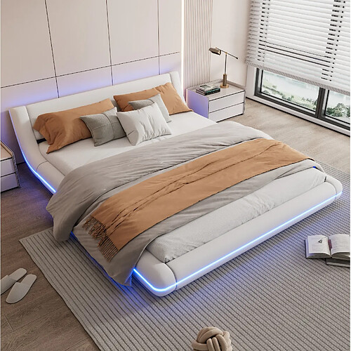 Lit Bas 160x200 cm - Modenvie - LED avec eclairage d'ambiance - Blanc