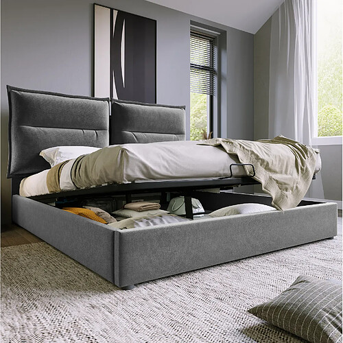 Lit Coffre 140x200 cm - Modenvie - tête de lit réglable - Velours - Gris