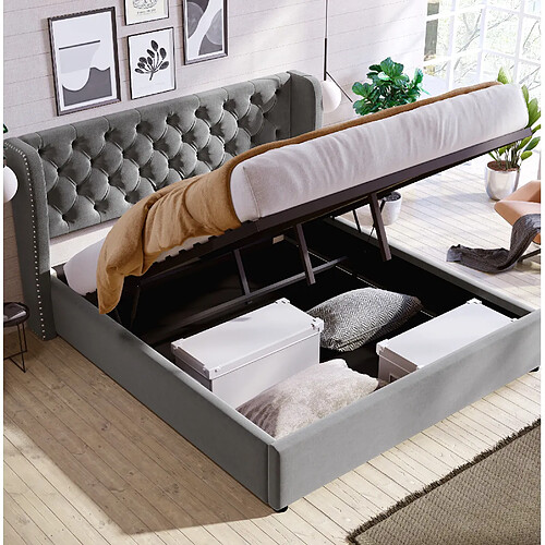 Lit Coffre 140x200 cm Modenvie rangement hydraulique Velours Gris