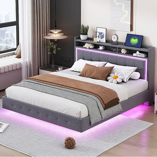 Lit Double Modenvie 160x200 cm avec USB, LED et rangement - Gris