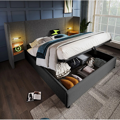 Lit Coffre 160x200 cm - Modenvie - rangement hydraulique avec LED et USB - Lin - Gris