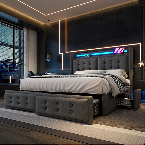 Lit Double 160x200 cm Modenvie rangement LED USB Gris