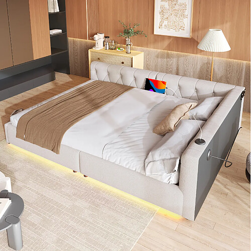 Lit Banquette Modenvie 140x200 cm LED USB Type-C sans matelas Beige